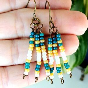Bronze Dangle Earrings - Seed Beads - Blue, White, Yellow- Hypoallergenic - 2"